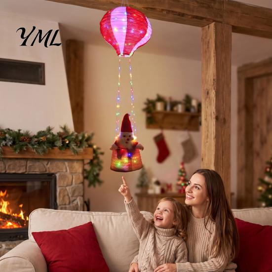 Reusable Christmas Party Supplies Santa Claus Hot Air Balloon Lantern, Lighted Outdoor Decoration with Foldable Holiday Decorations LED String Lights,