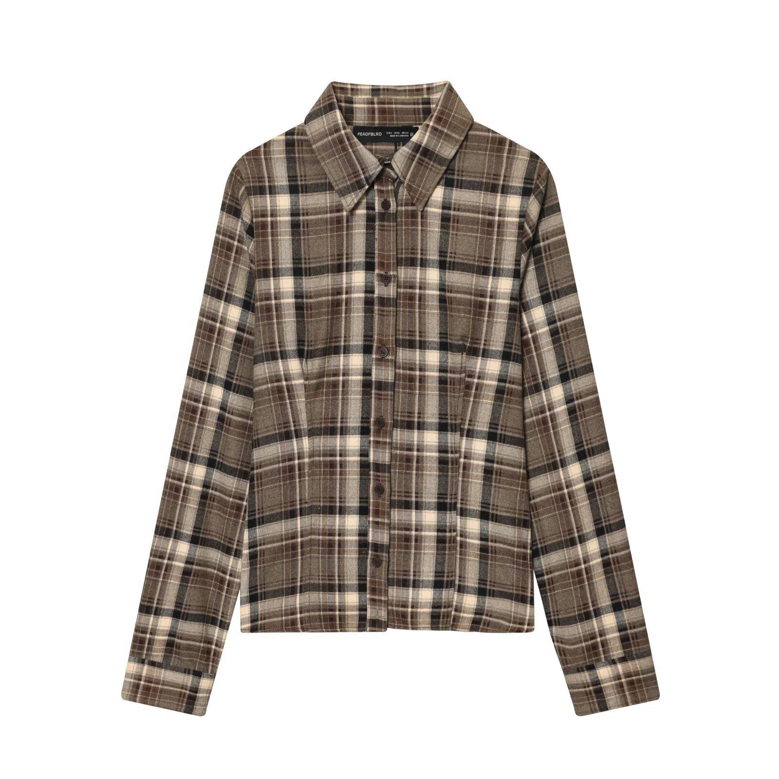 2026 Spring Retro Slim Fit Plaid Cropped Long-Sleeve Shirt Medium