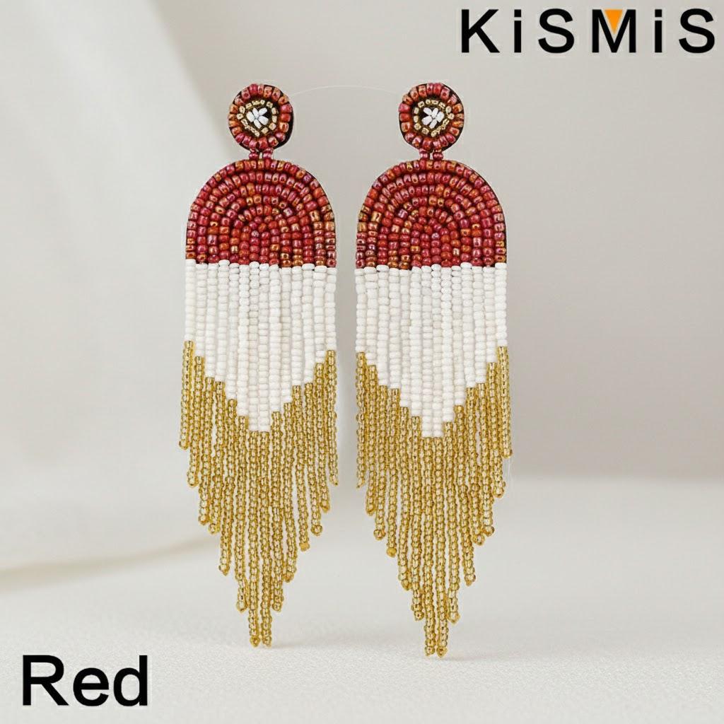 

1 Pair Bohemian Beaded Tassel Dangle Earrings Long Handmade Statement Drop Earrings for Women Trendy Elegant Party Jewelry красный
