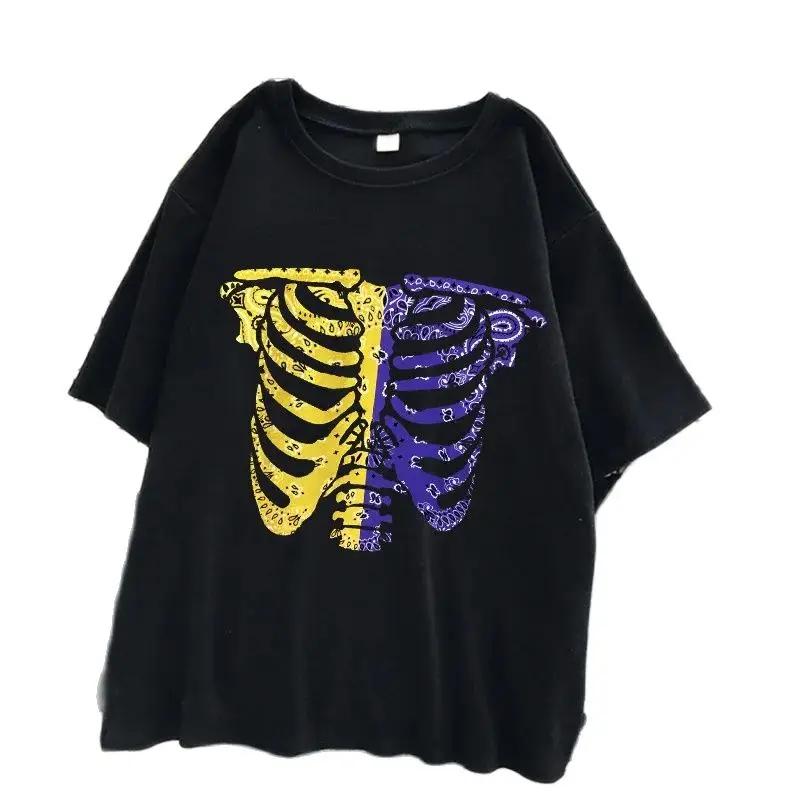 New Skull Printed Rib Jacket Version Loose Gothic Style Short Sleeve T-shirt Wholesale Women Tops Harajuku Fashion Summer