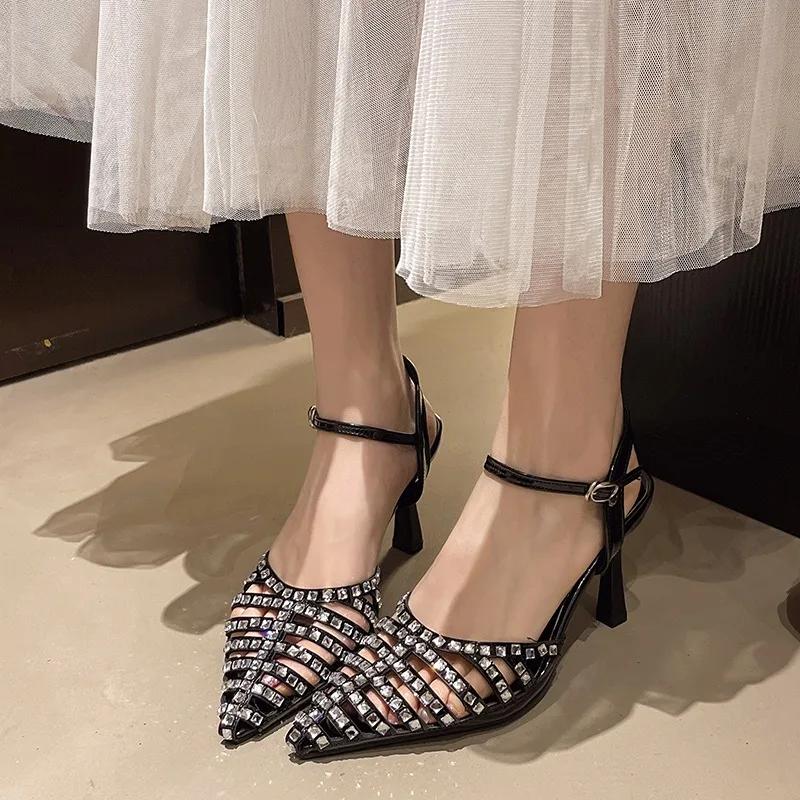 Fashion 2025Women's Sequined Baotou High Heels Summer New Pointy, Shallow Hollowed-out Line with Non-slip Stiletto Sandals