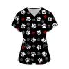 Estampa de pata de animal de estimação topo fosco feminino de bolso com decote V uniforme fosco para pet beauty enfermeiro spa cuidados camisa uniforme