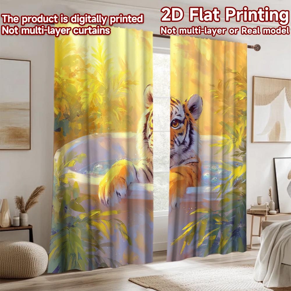 2D flat printing 2pcs Window Curtains Cute Tiger Bathing Digital Printed Polyester Drapes Party Decorations for Indoor Outdoor
