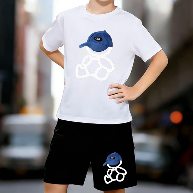 

Boys 2 Piece Cartoon Bear Print outfit, Short Sleeve T-Shirt and Shorts Set for Kids Age 5-14,Black ,White Sporty Casual Summer Clothes 13-14 Years білий
