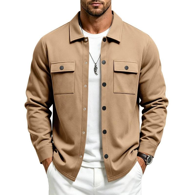 Men's Snap‑Button Shirt Jacket, Point Collar, Dual Chest Flap Pockets, Long Sleeve, Soft Knit Lightweight Casual Shacket Overshirt for Men