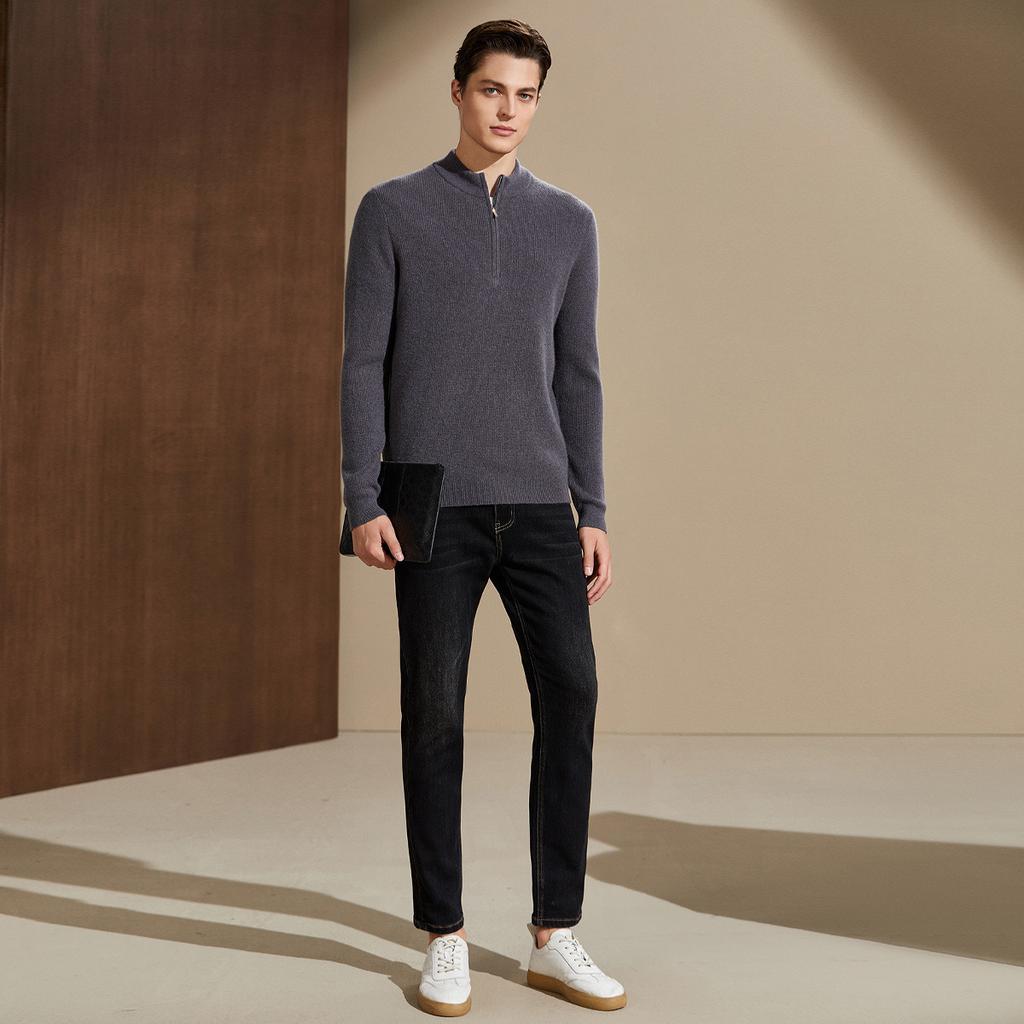 100% Cashmere Zipper Half High Collar Sweater for Men