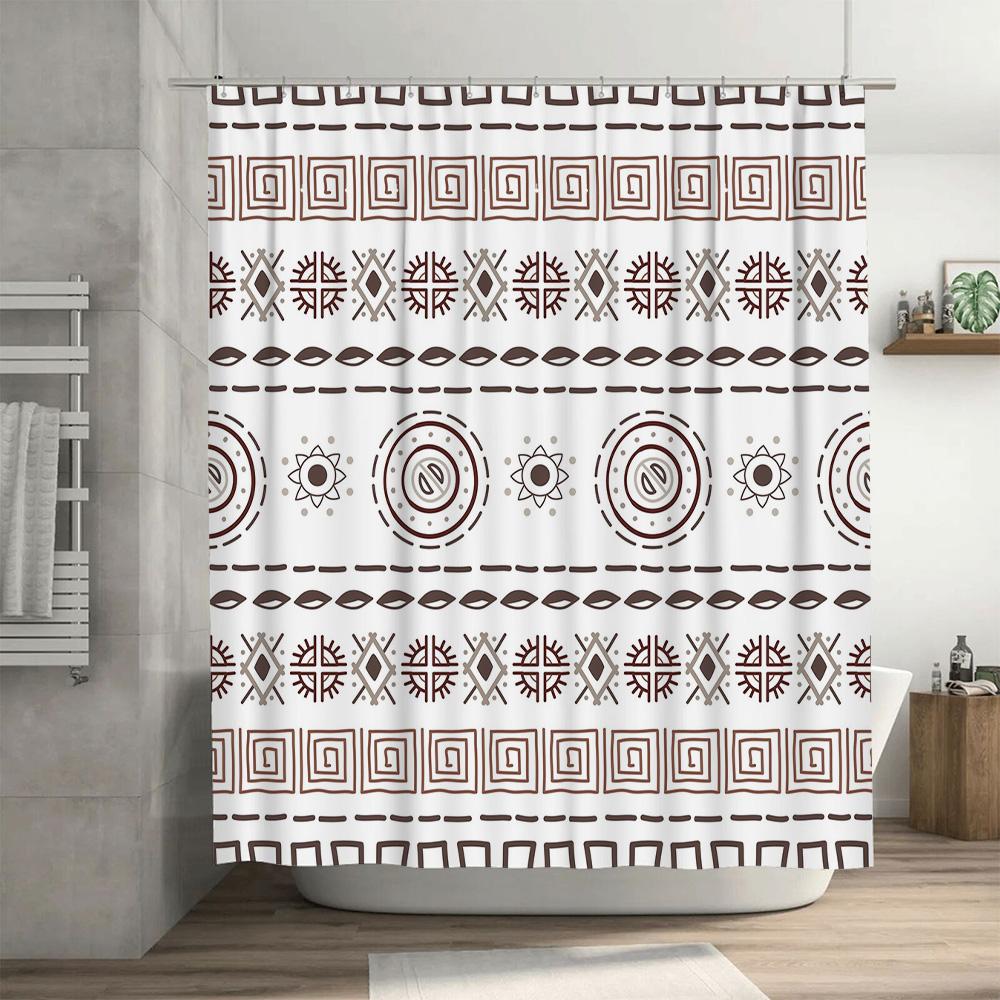 Modern Geometric Shower Curtain Rustic Boho Decor for Bathroom White Brown Printed Waterproof Fabric Customizable Size