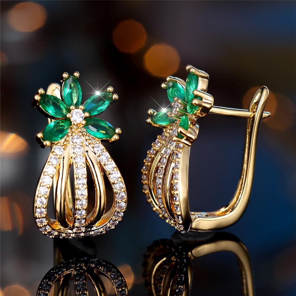 1 Pair Women's Green Cubic Zirconia Flower Drop Dangle Earrings Luxury Gold Color Wedding Party Jewelry Gifts