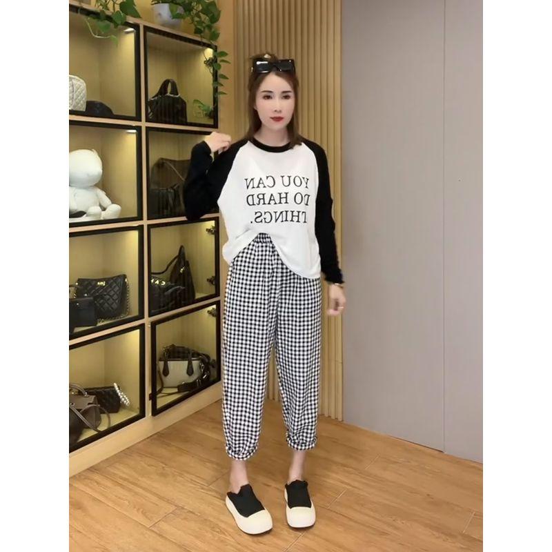 

2023 Summer High Waist Drape Casual Grandma s Pants Black and White grid M
