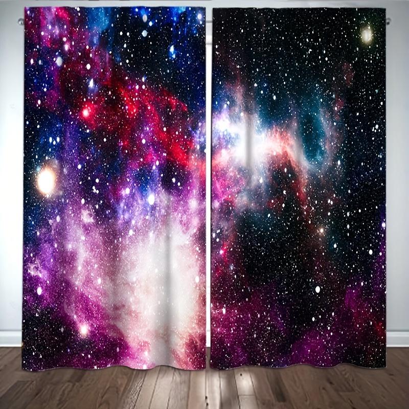 2pcs Galaxy Auroral Starry Pattern Curtains Rod Pocket Window Drapes Window Treatments For Bedroom Living Room Home Decoration