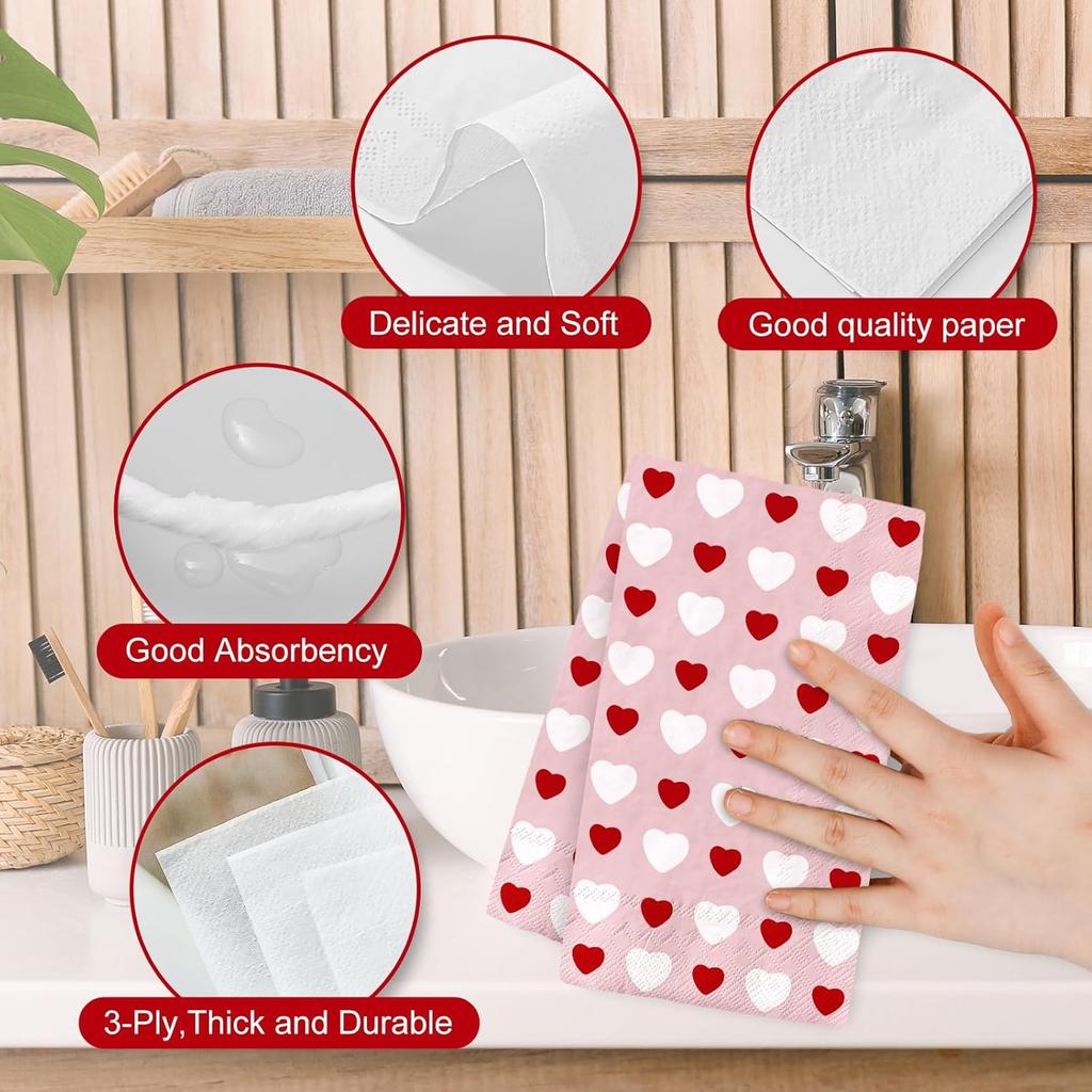 100Pcs Valentine's Day Guest Napkin Red White Hearts Disposable Paper Napkin Pink Love Hearts Dinner Hand Napkin for Wedding Anniversary Bridal