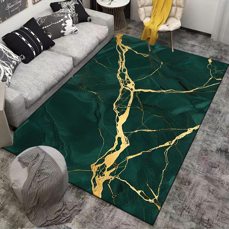 Green Marble Pattern Carpet with Gold Veins, Modern Luxury Decor Rug Suitable for Use As an Anti-slip for Living Room Bedroom Sofas