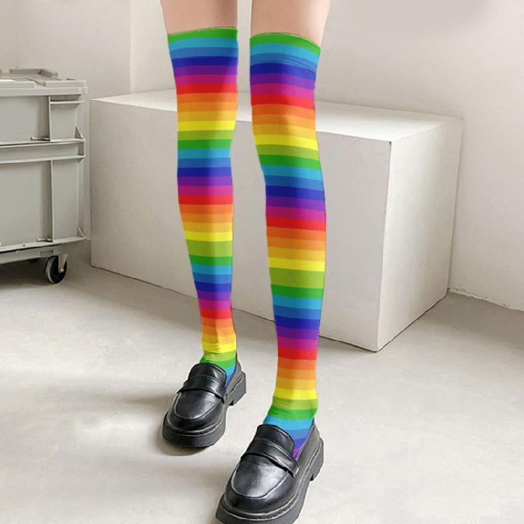 Damen Japanische Stile Anime Oberschenkelhohe Strümpfe Regenbogen Mehrfarbig Gestreiftes Muster Seide Über dem Knie Lange Socken Strumpfwaren