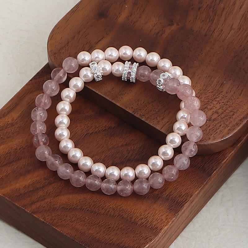 Natural powder crystal strawberry crystal double circle bracelet DIY handmade round beads wholesale natural crystal bracelet popular jewelry