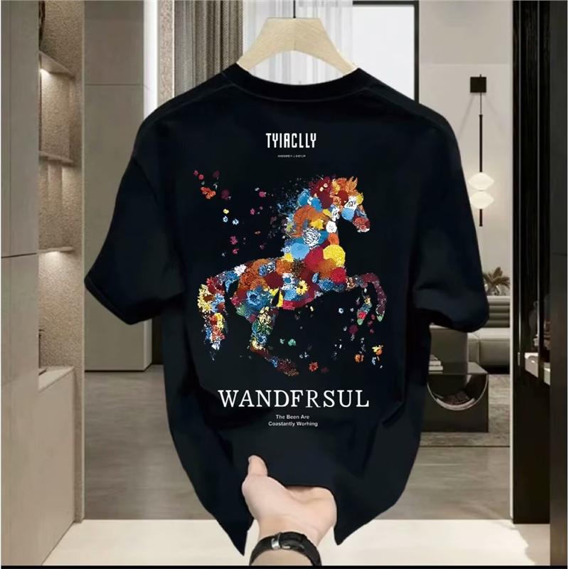 

Роскошные хлопковые футболки с принтом лошади в модном стиле, летние мужские футболки Harajuku с короткими рукавами, размер S-5XL 5XL чёрный