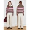 Chuyu Damen Gestreifter Reißverschluss Polokragen Langarm Strickpullover