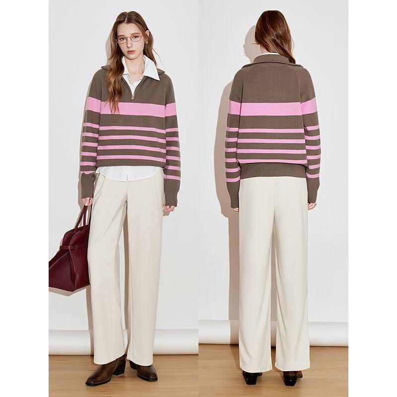 Chuyu Damen Gestreifter Reißverschluss Polokragen Langarm Strickpullover
