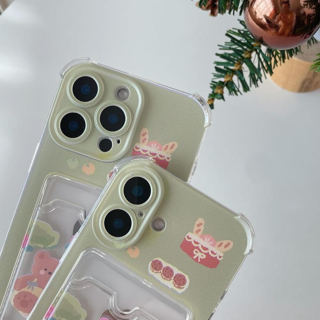 Cute Cartoon Bear Flowers Cake Wallet Card Slot Clear Soft Phone Case Compatible with iPhone Case (Clear,for iPhone 14 Plus)