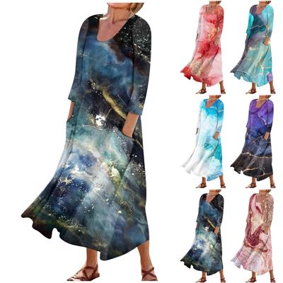 Summer Dress For Women Casual Printed Comfortable Fashion Printed 3/4 Sleeve Pocket Dress