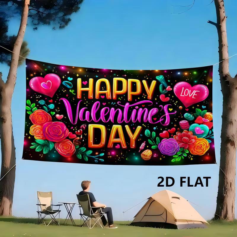 2D Valentines Day Party Tapestry, "Happy Valentine's Day" Print with Hearts, Flowers and Sparkles Photo Banner