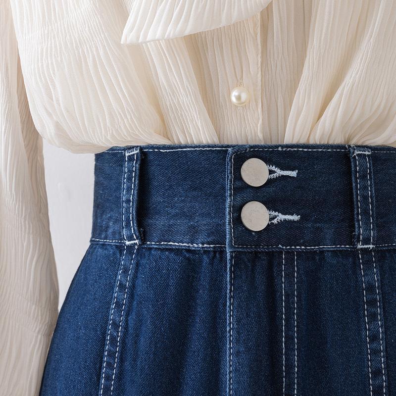 Denim Skirt Women's Blue Umbrella Skirt High Waist A-line Solid Color Loose Casual Medium Length Skirt Summer Jean Skirt