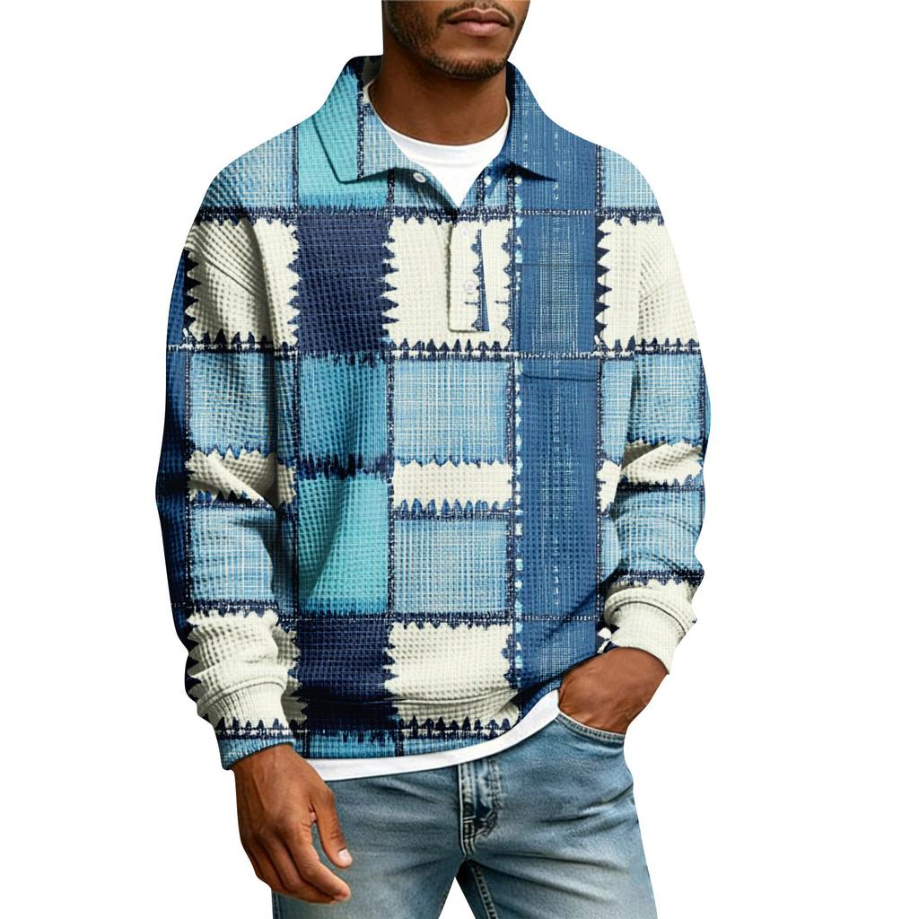 Men's Lapel Printed Single Breasted Pocket Long Sleeve Casual Sports T-Shirt
