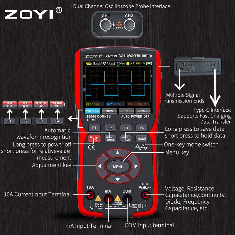 ZOYI 3-in-1 digital multimeter 50MHz bandwidth 280MS rate PC waveform data storage dual oscilloscope signal generator auto repai