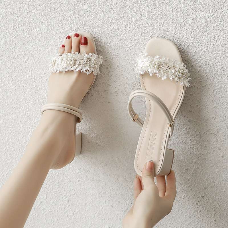 Fairy wind pearl two wear high-heeled sandals summer 2025 new versatile lazy word medium heel thick heel cool slippers