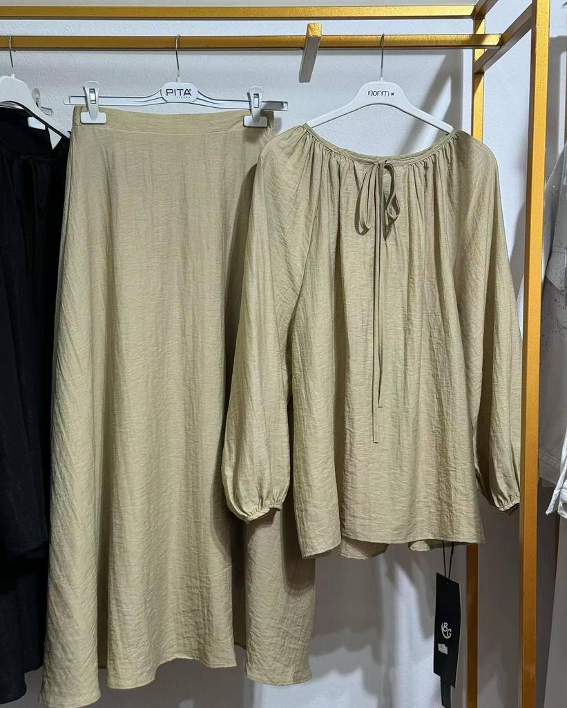 Women's 2025 Spring Muslim Style Puff Sleeve Top & Swing Skirt Set