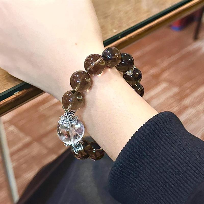 Natural Tea Crystal12mm Single-loop bracelet paired with white crystal, new Chinese-style large bead bracelet, fashionable for both men and women