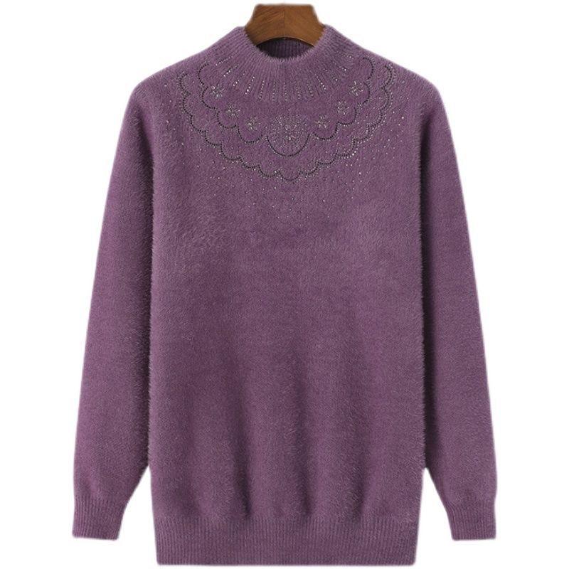 Fashionable Fleece-Lined Grandma's Knit Sweater: Half-High Collar, Imitation Mink Hair, Plus Size