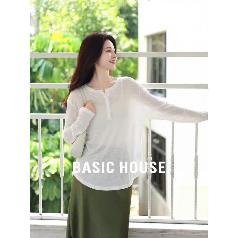 Basic House Women s Half-Open Collar Long Sleeve T-Shirt M белый