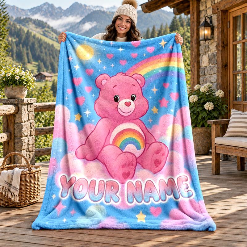 Care Bear Custom Name Flannel Blanket Personalized Soft Warm Plush Throw Blanket Customized Gift for Family Friends