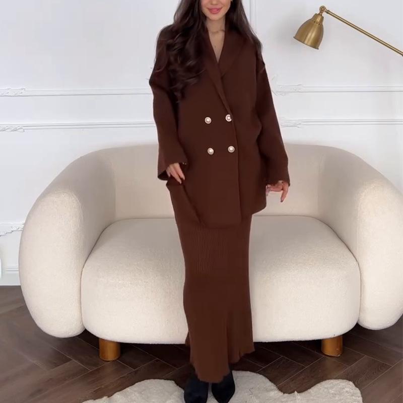 Women's 2025 European & American Solid Color Button Cardigan Sweater & Skirt Set - Warm & Stylish For Commute