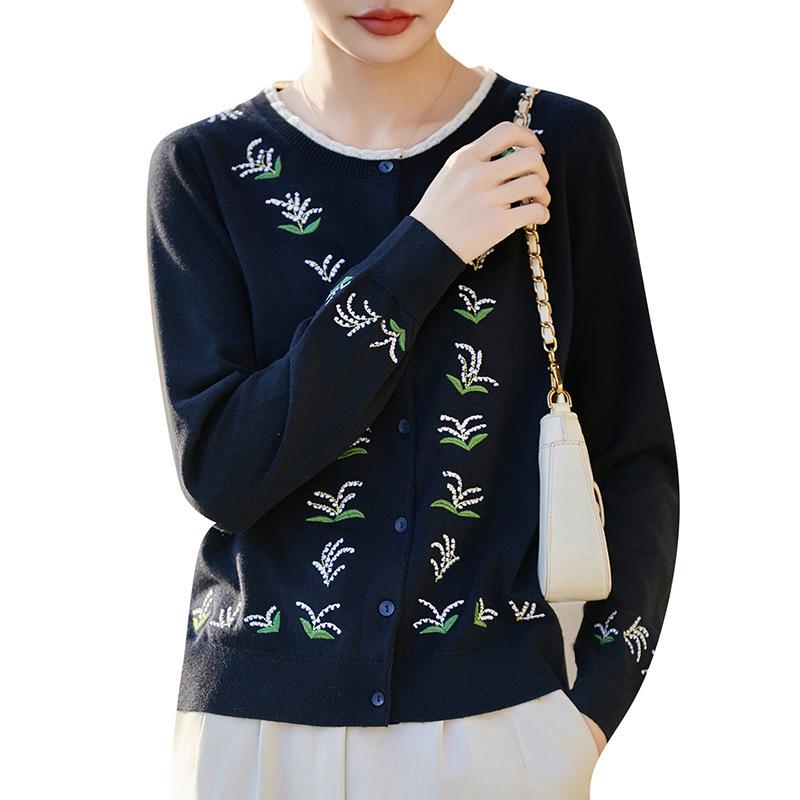 Color Block Wool Embroidered Round Neck Cardigan - Casual Long Sleeve Knit Pullover