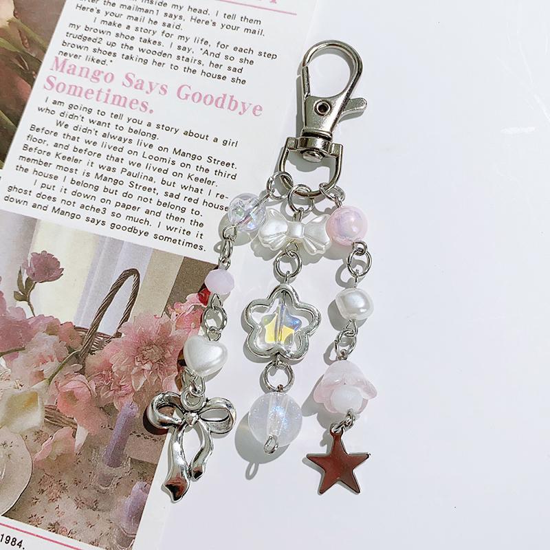 Korean Style Fresh Bow Star Keychain Y2K Sweet Beaded Keyring Girly Bag Pendant Key Accessories Cute Key Holder Gift