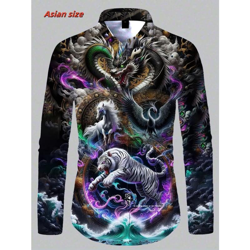 Cool Dragon Bull Pattern Hawaiian Shirts For Men Fun Cat 3D Printed Blouse Spring Autumn Casual Loose Long Sleeves Shirts S