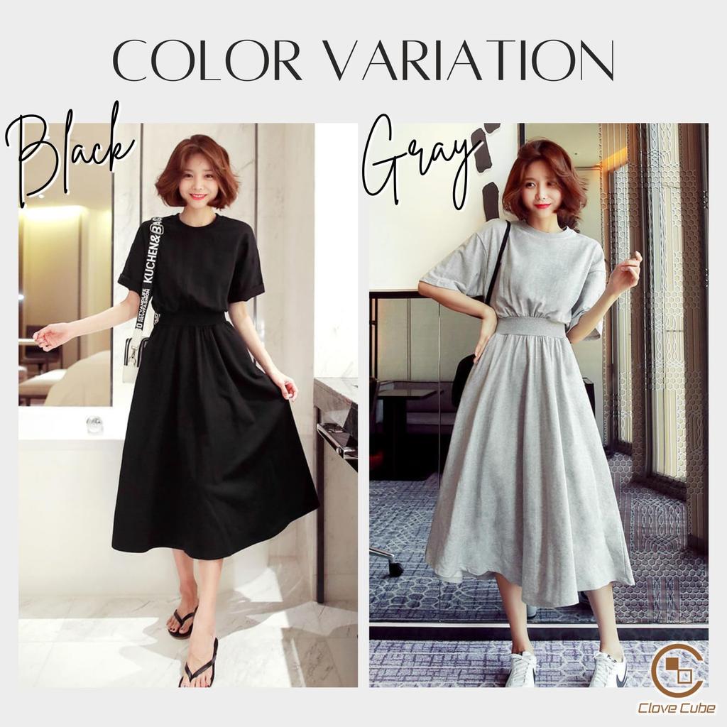 [Clove Cube] Damen Midi-Kleid, Kurzarm, Knielang, Sweatshirt-Stil, Lässig, Elegant (JP, Alphabet, L, Grau)