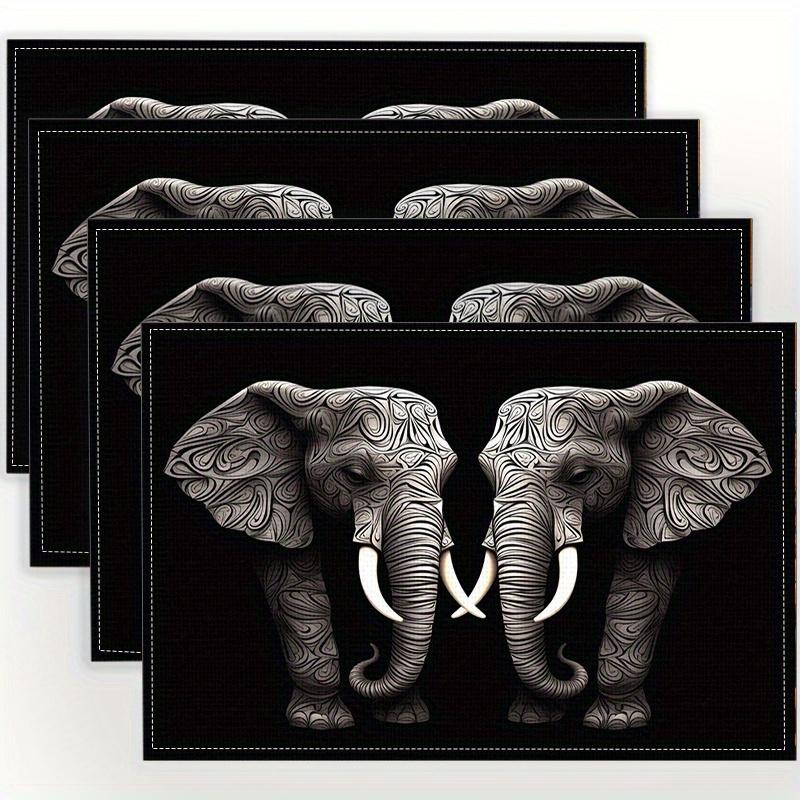 Set of 4 Beautifully Designed Elephant Pattern Printed Placemats, Made of Linen 4PCS