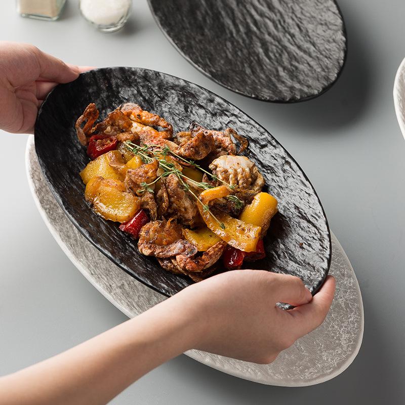 Creative Japanese Stone Pattern Fish Plate High-Value Ceramic Plate New Household Steamed Fish Plate Oval Vegetable Plate