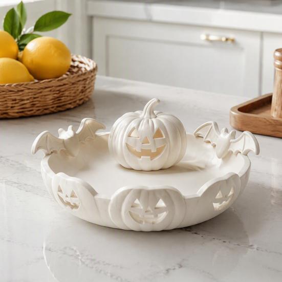 Candy Storage Dish Halloween Pumpkin Tray, Bat Relief Holder, 3D Printed Retro Face Bowl Desktop Bowl, Spooky Tabletop Ornament for Party Decor Window