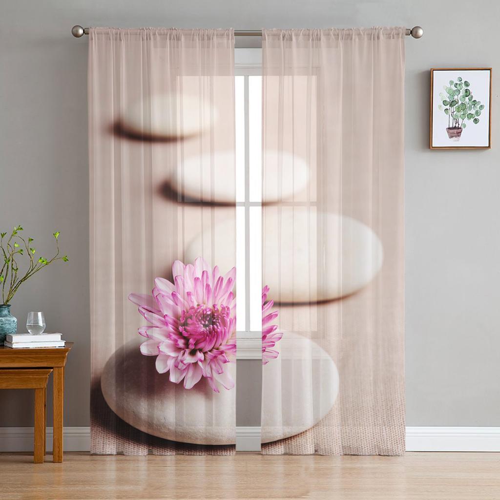 Zen Stones Orchids Flower Green Bamboo Tulle Curtains for Living Room Bedroom Decor Transparent Sheer Voile Window Curtain