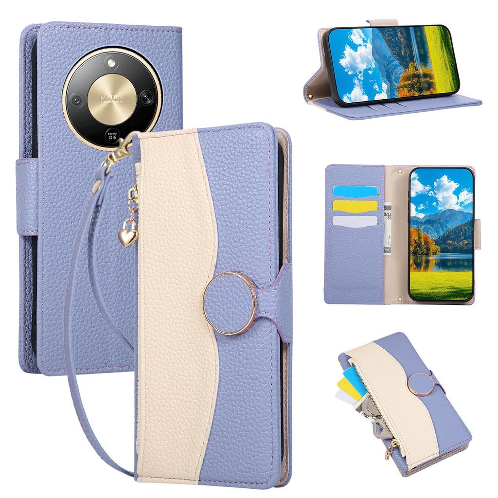 Phone Case For Honor Magic8 Lite 5G / X9d 5G / X70 5G Zipper Wallet Color Splicing TPU PU Leather Flip Phone Cover with Strap