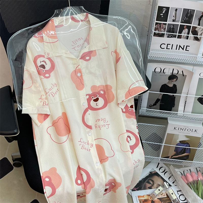 

Super Cute Strawberry Bear Simple Bubble Wrinkle Loose Summer Nightdress Summer Loungewear L