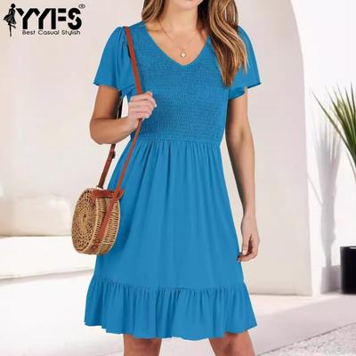 Damesmode Zomer Lente Effen Kleur Print Korte Mouw V-hals Hoge Taille Casual Jurken