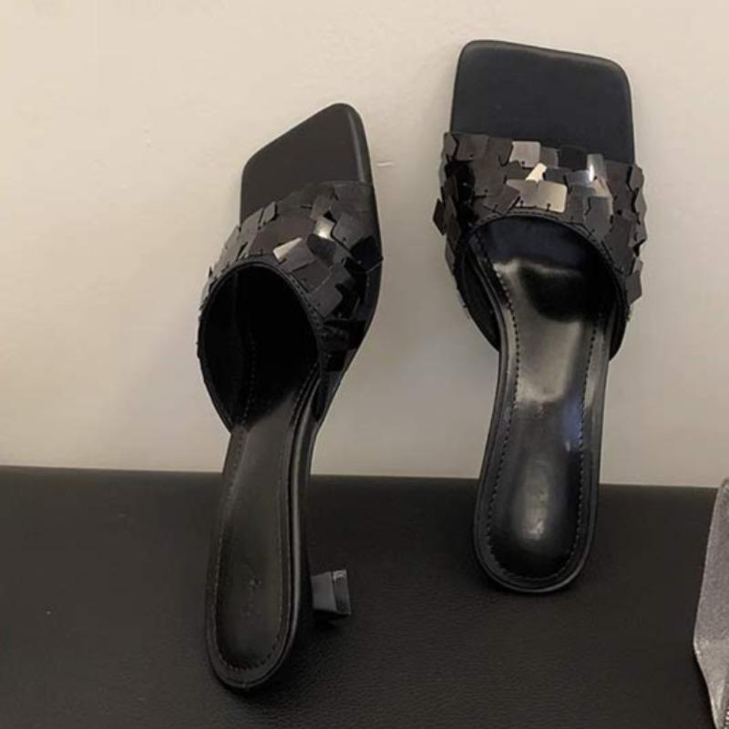 Fashion Slip-heeled Slippers Summer New Style Square Head Glitter Shallow Mouth Set Foot Anti-slip Wear-resistant Sandals