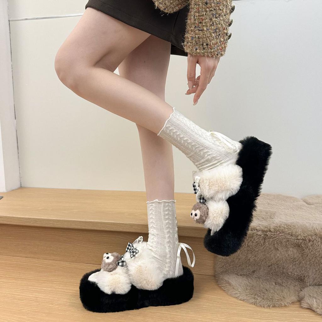 Cute cartoon doll fluffy slippers women's 2025 autumn and winter outer wear thick-soled non-slip cotton slippers women's one-word drag