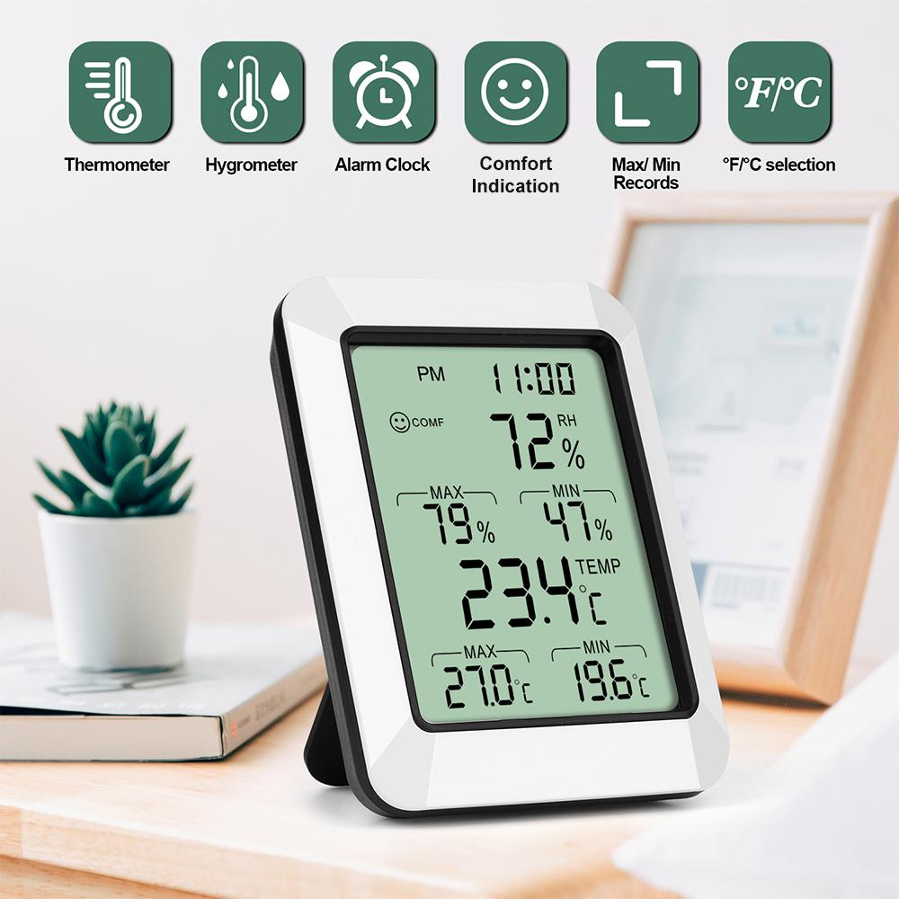 Intelligent Temperature Humidity Meter with LCD Digital Display Screen Digital Thermometer Hygrometer with Time Alarm Max./Min. Value Function