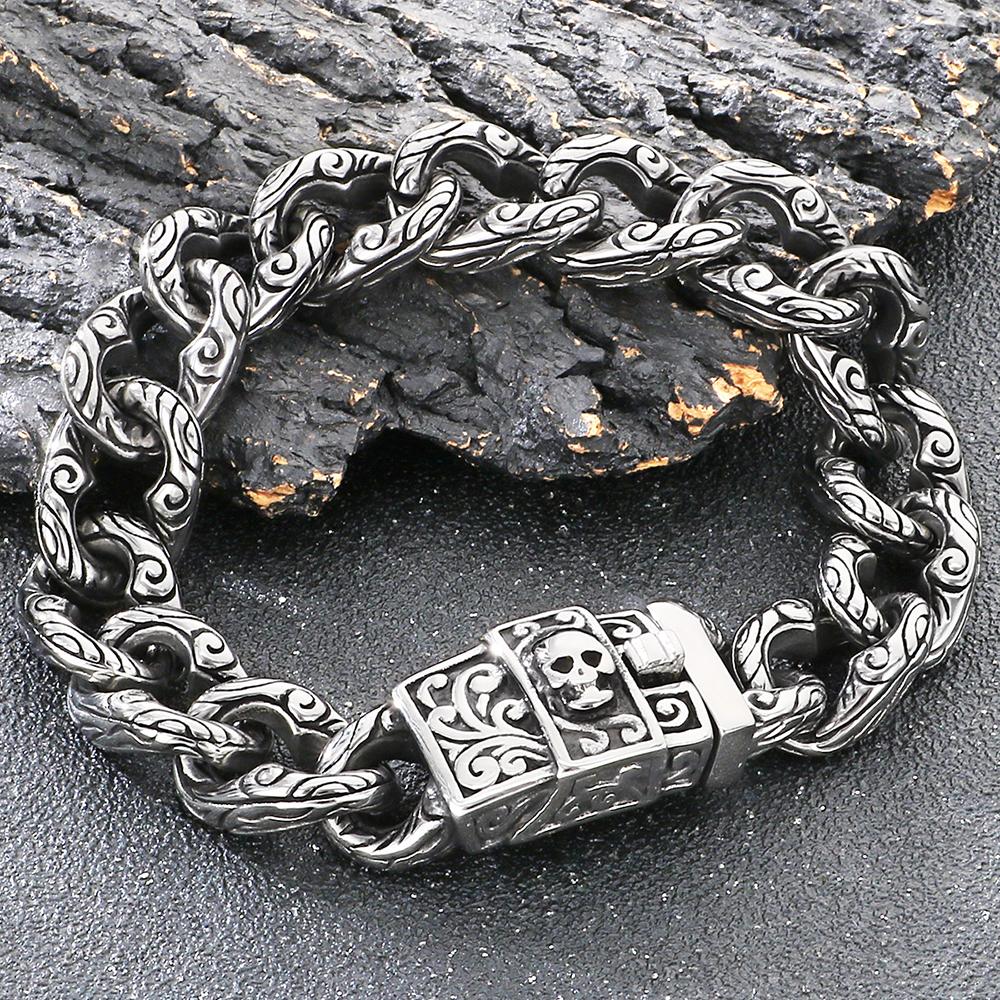 Punk Skeleton Jewelry Vintage Cuban Link Chain Bracelet for Man with Skull Head Clasp 316L Stainless Steel Bracelets and Bangles