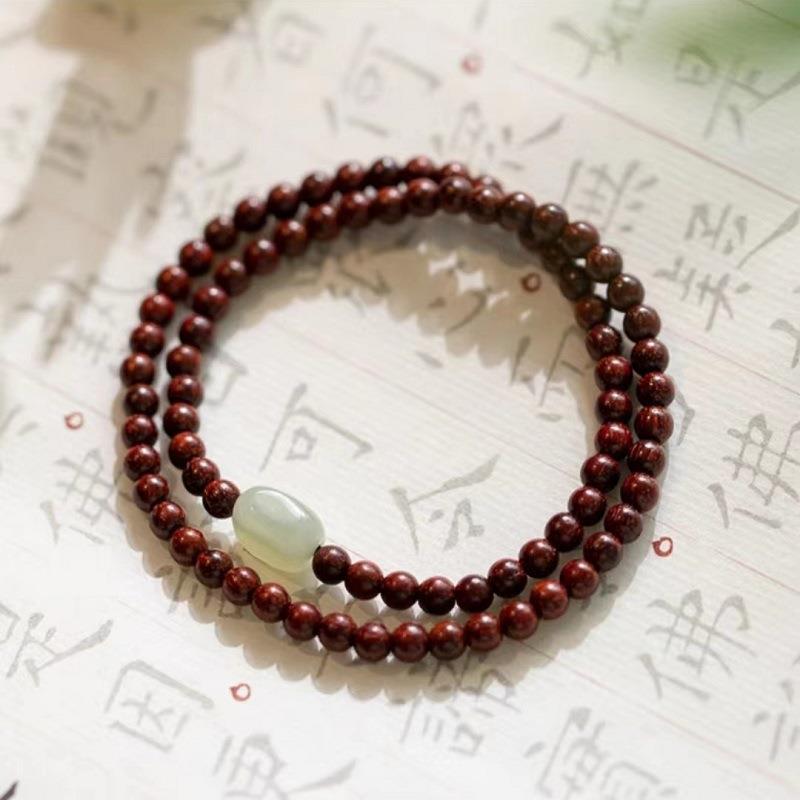 4mm Green Sandalwood & Hetian Jade Bead Bracelet - Ancient & Refined Buddhist Style for Women